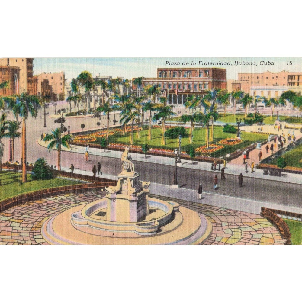 Vintage Plaza de la Fraternidad Havana Cuba Linen Postcard 1954 Postmark Stamps